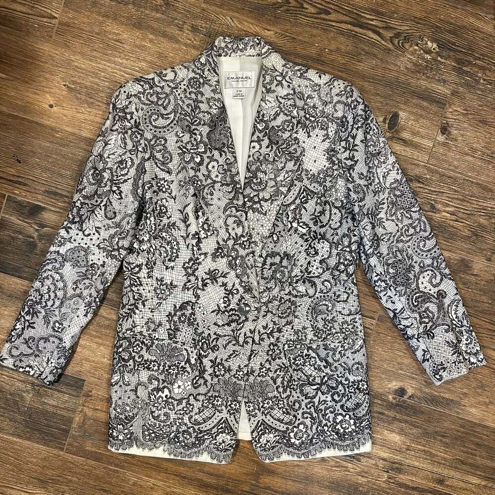 Emanuel Ungaro Black and White Floral Lace Cotton Blazer
